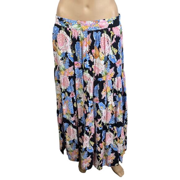 Rachel Zoe Black Colorful Floral Prairie Whimsigoth Tiered Maxi Skirt SZ S - Picture 1 of 7